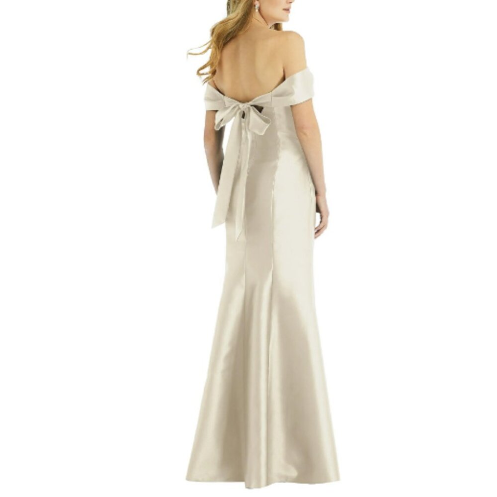 Alfred Sung Off-the-Shoulder Bow-Back Satin Trumpet Gown Champagne 16R - Picture 7 of 16
